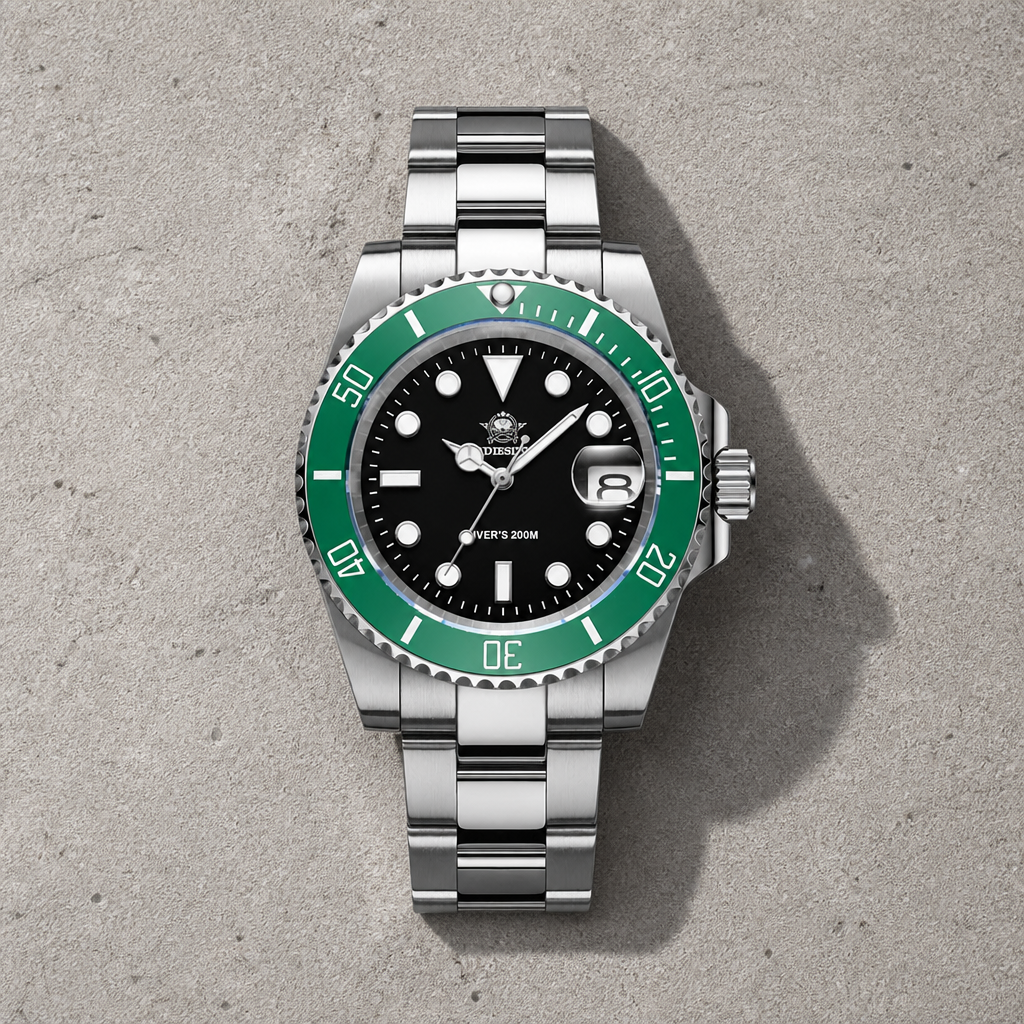 Montre de plongée homme 200 m, lunette céramique verte, cadran noir