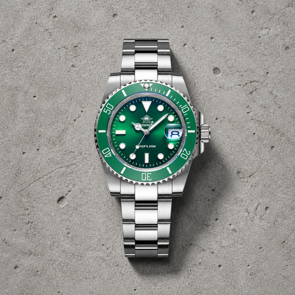 Montre de plongée homme 200 m, lunette céramique verte, cadran vert