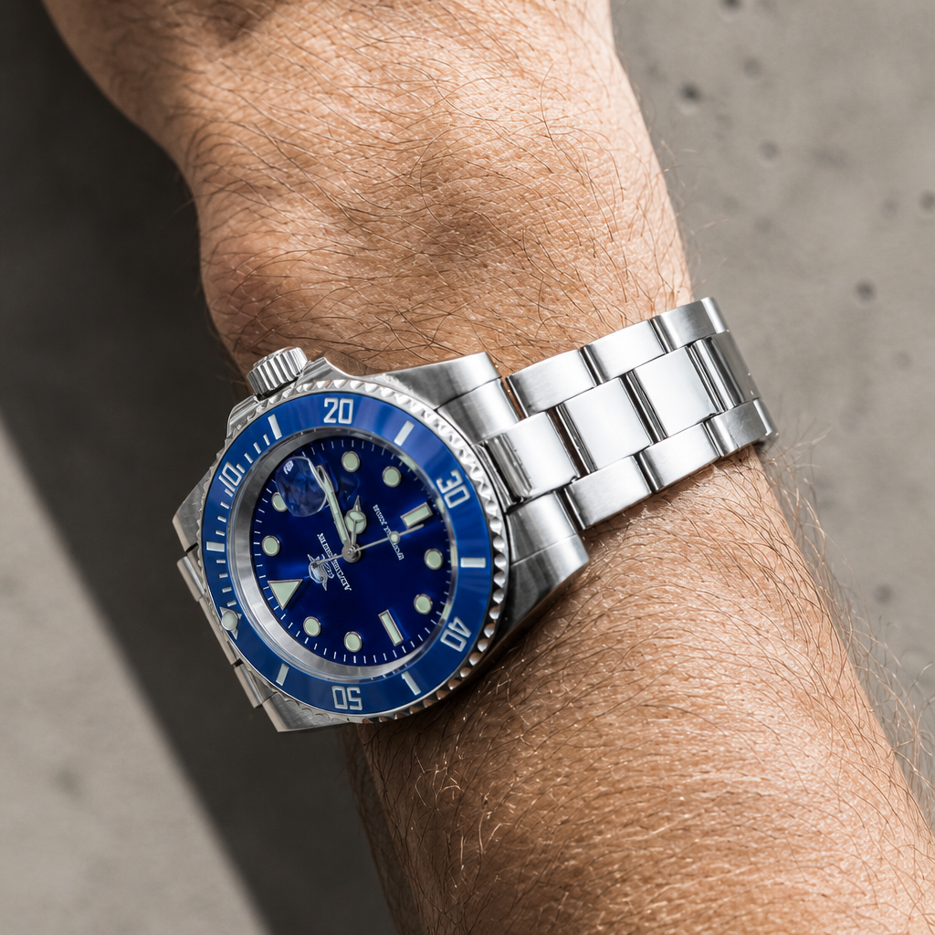 Montre de plongée homme bleue portée au poignet