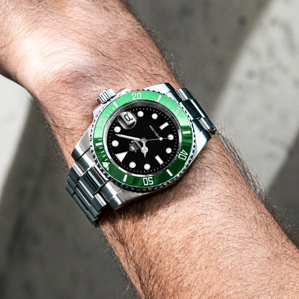 Montre de plongée homme lunette verte et cadran noir portée au poignet
