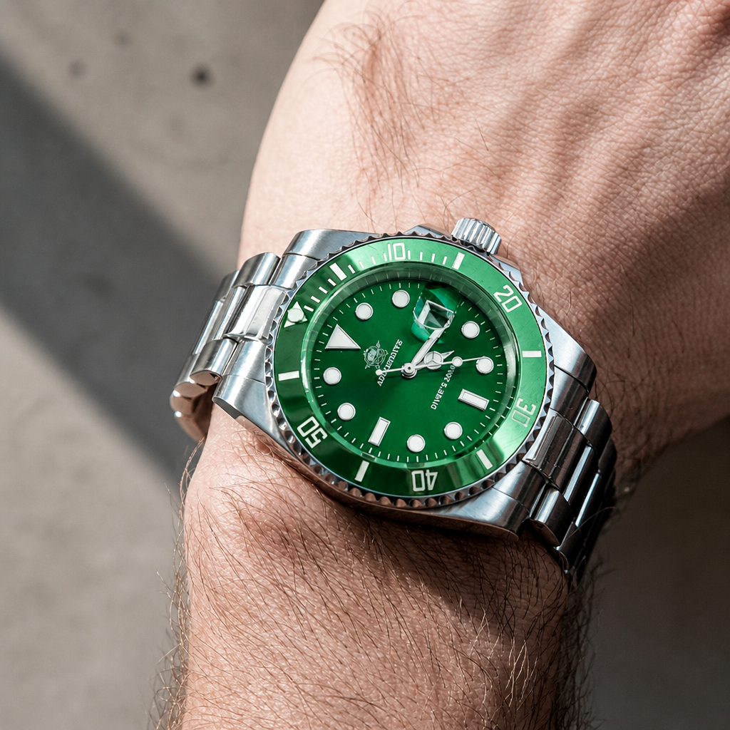 Montre de plongée homme verte portée au poignet