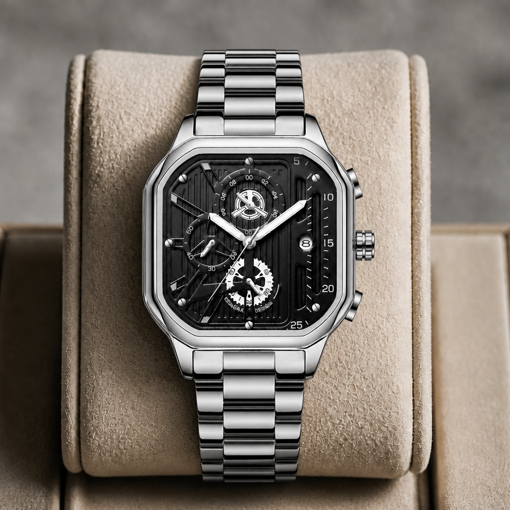 Montre carrée homme en acier argent présentée dans son écrin en cuir beige
