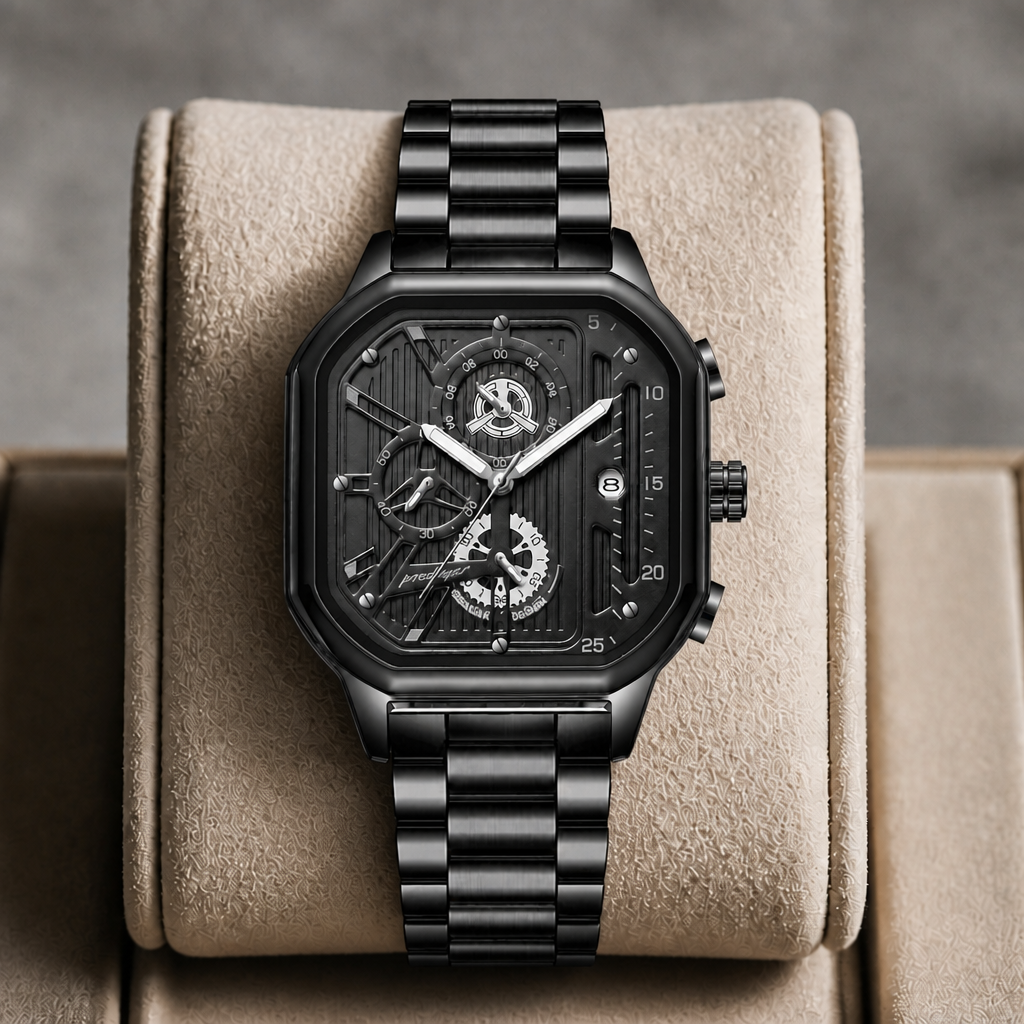 Montre carrée homme noire présentée dans son écrin en cuir beige