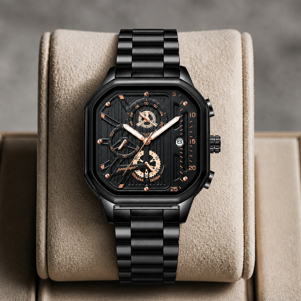 Montre carrée homme noire et or rose présentée dans son écrin en cuir beige