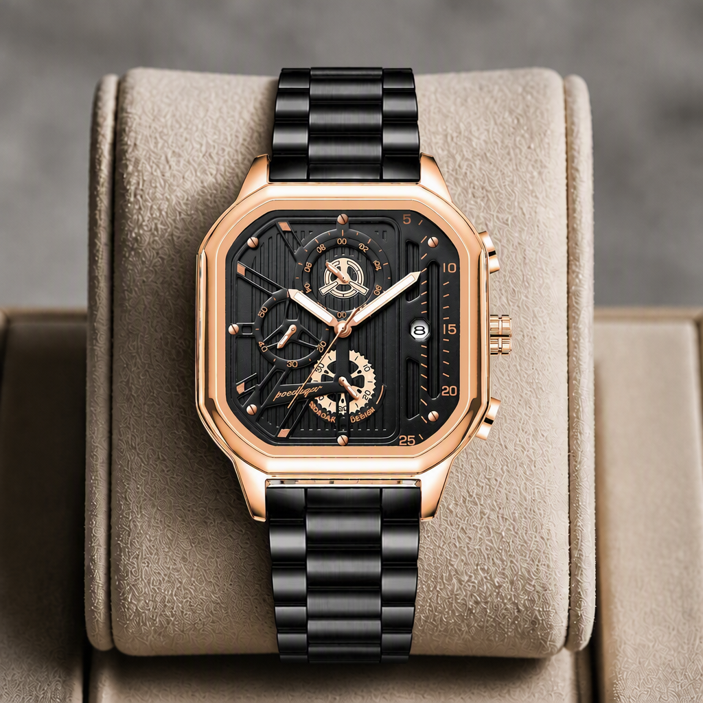 Montre carrée homme or rose et bracelet noir présentée dans son écrin en cuir beige