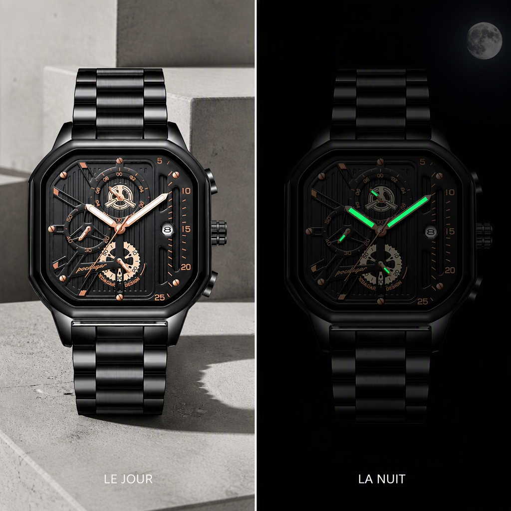 Montre homme carrée de jour et de nuit, aiguilles luminescentes vertes dans le noir