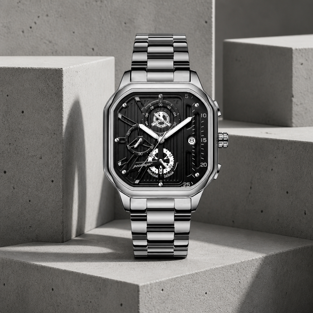 Montre carrée homme en acier argent à cadran ajouré posée sur du béton