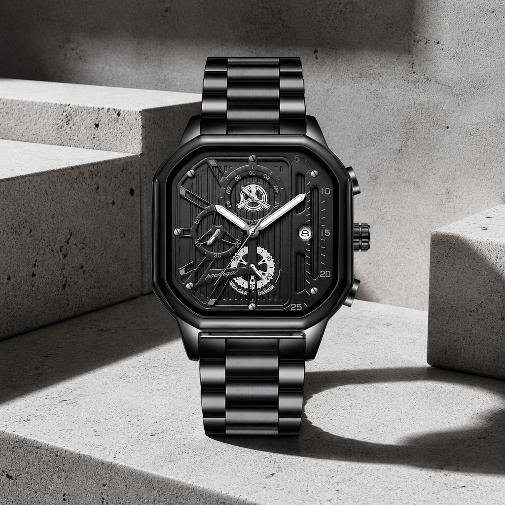 Montre carrée homme entièrement noire à cadran ajouré posée sur du béton