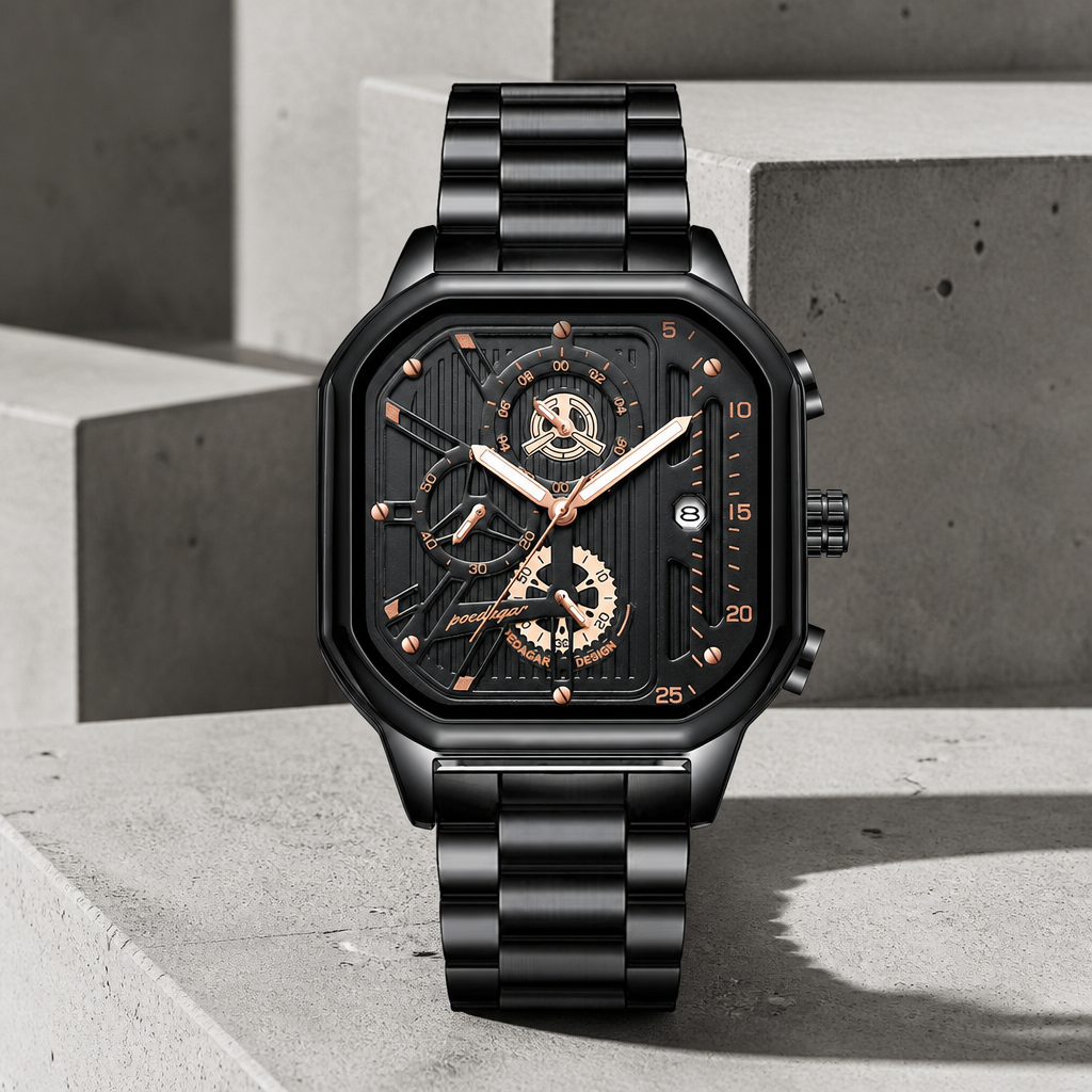 Montre carrée homme noire et or rose à cadran ajouré posée sur du béton