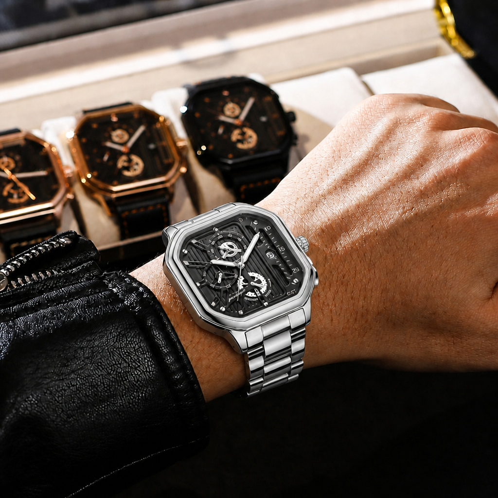 Montre sport chic homme carrée en acier argent à cadran ajouré, portée au poignet
