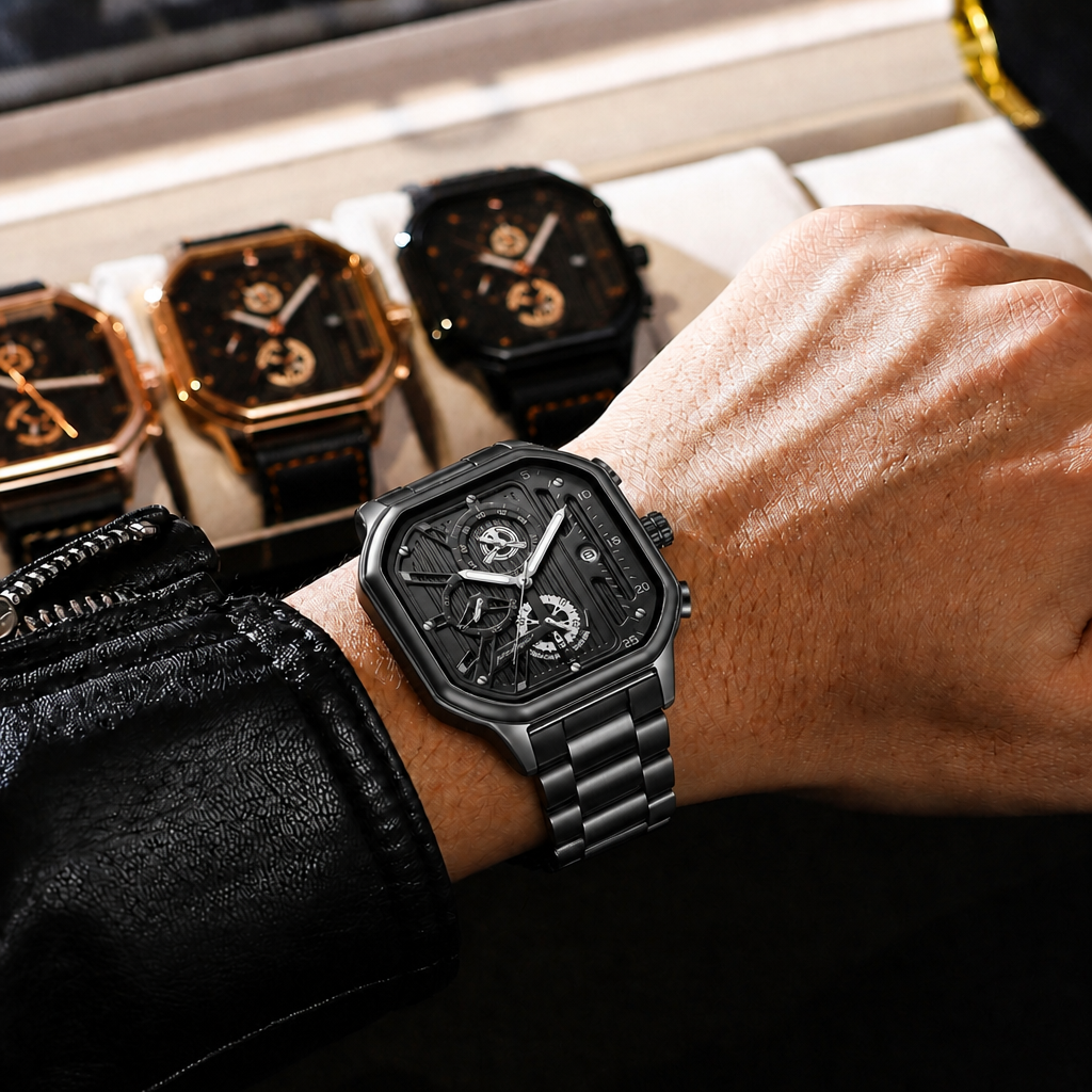 Montre sport chic homme carrée entièrement noire à cadran ajouré, portée au poignet