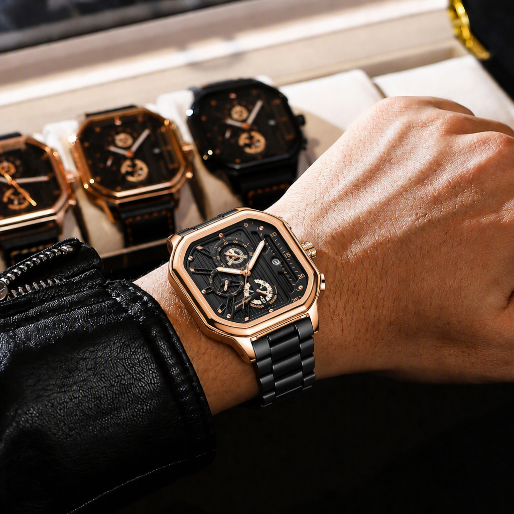 Montre sport chic homme carrée or rose à bracelet noir, portée au poignet