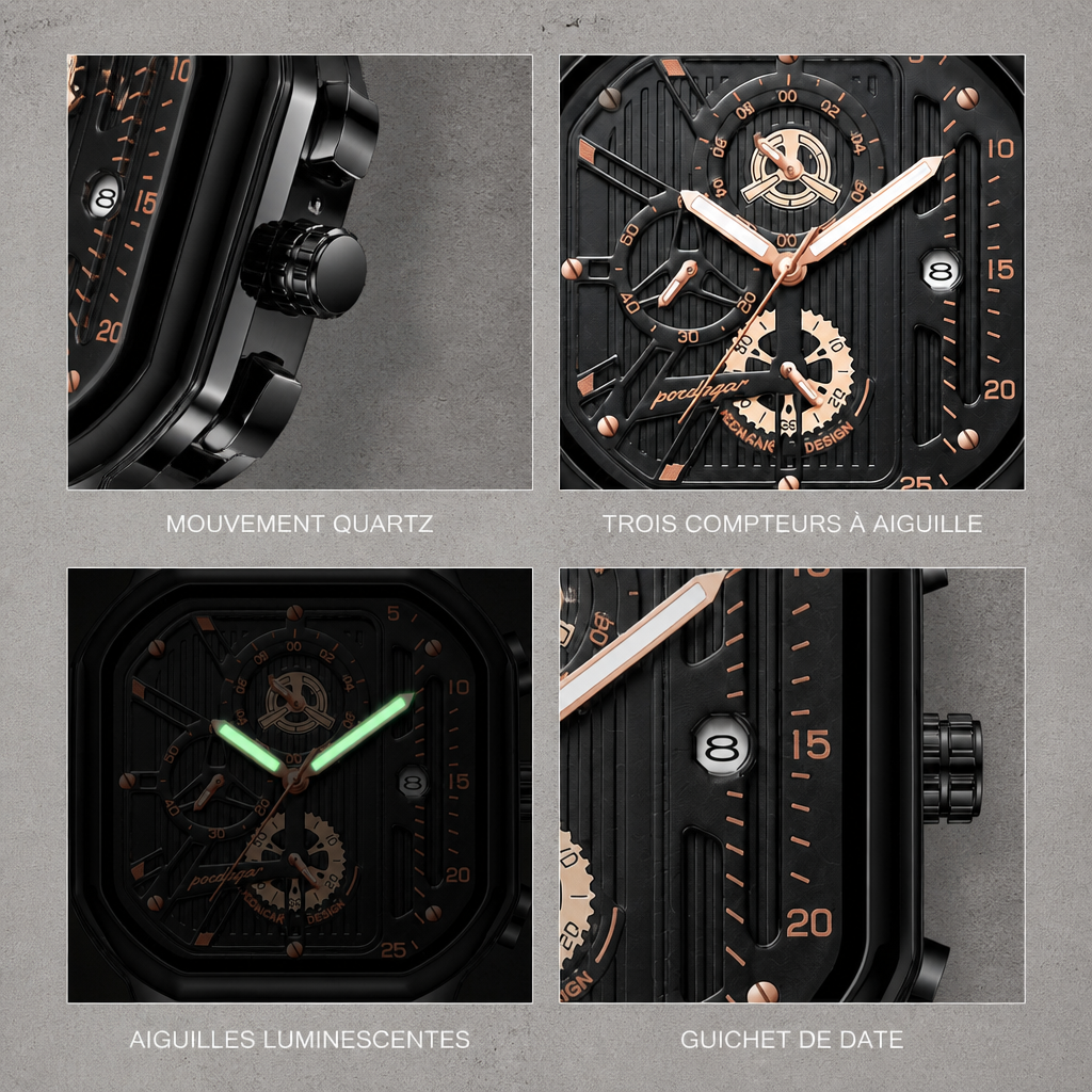 Affichages de la montre homme carrée : mouvement quartz, trois compteurs à aiguille, aiguilles luminescentes et guichet de date