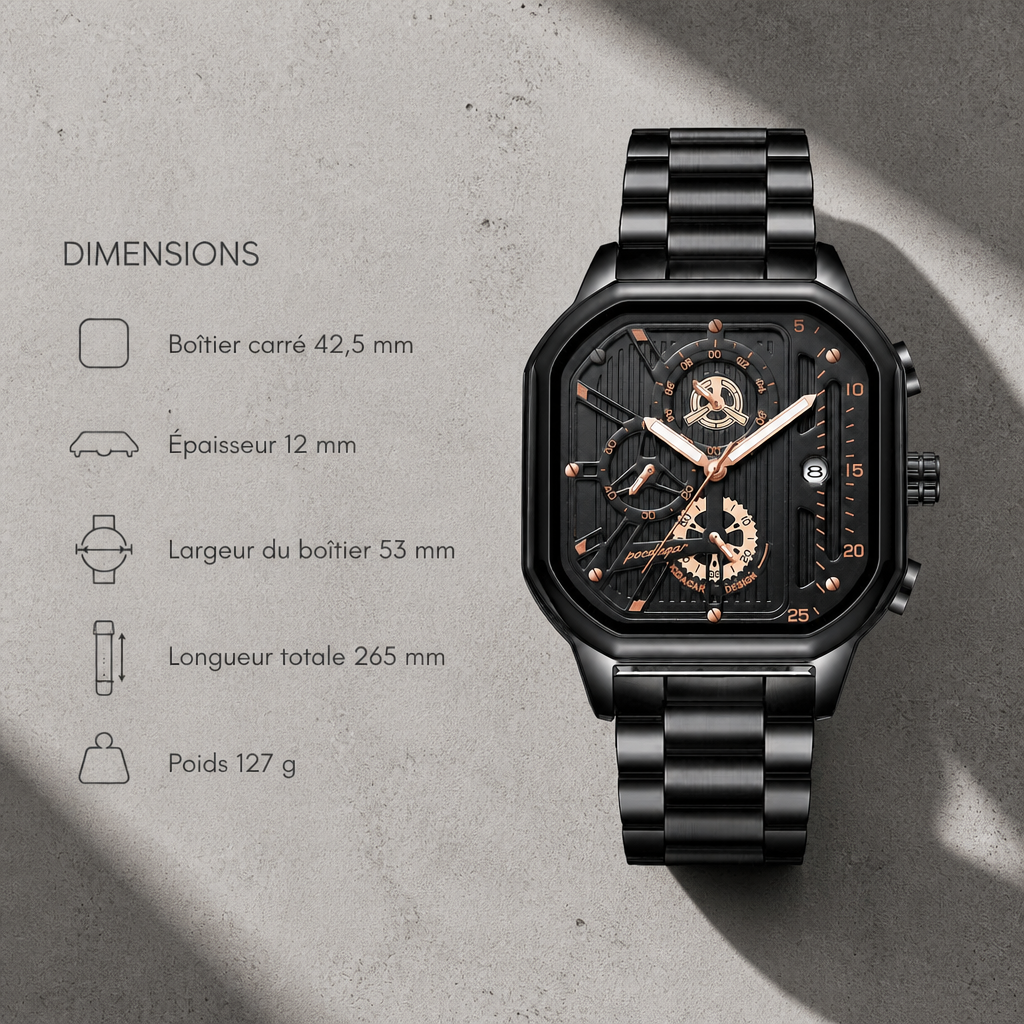 Dimensions de la montre carrée homme : boîtier, épaisseur, longueur et poids
