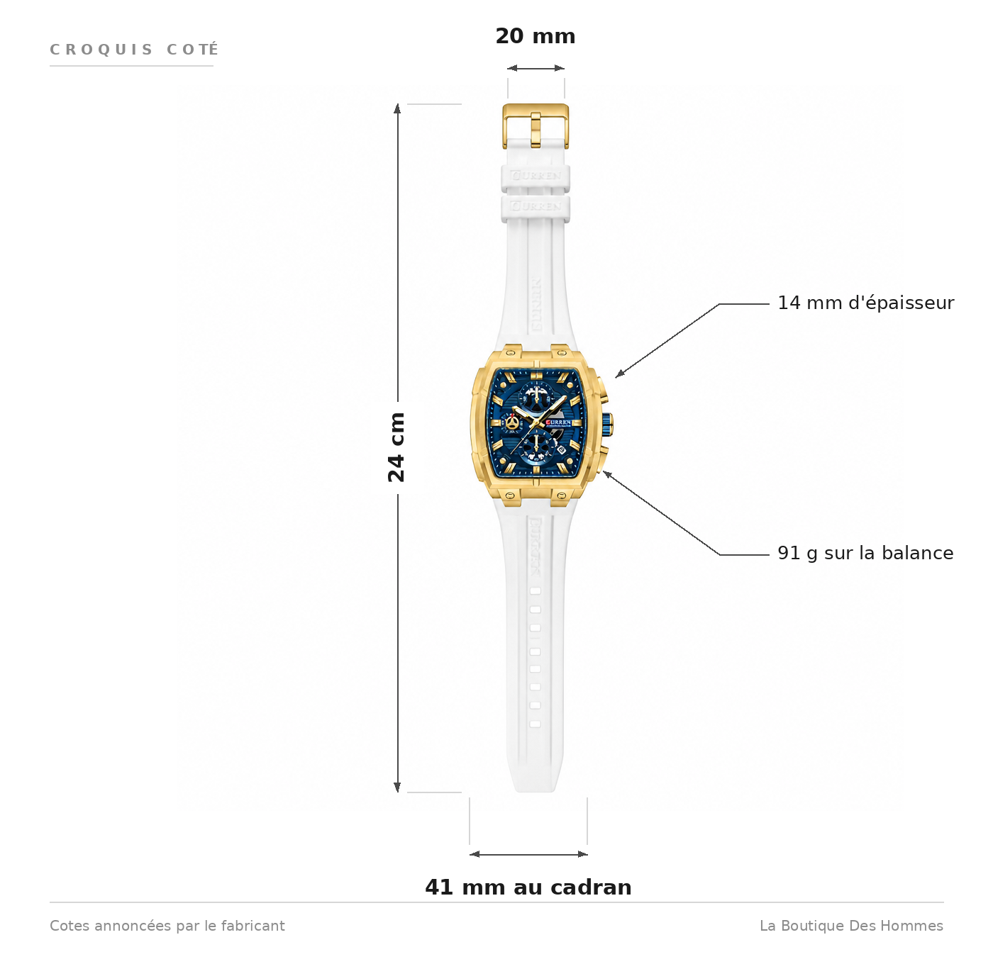 Croquis coté de la montre tonneau homme : largeur au cadran, épaisseur, largeur et longueur de bracelet