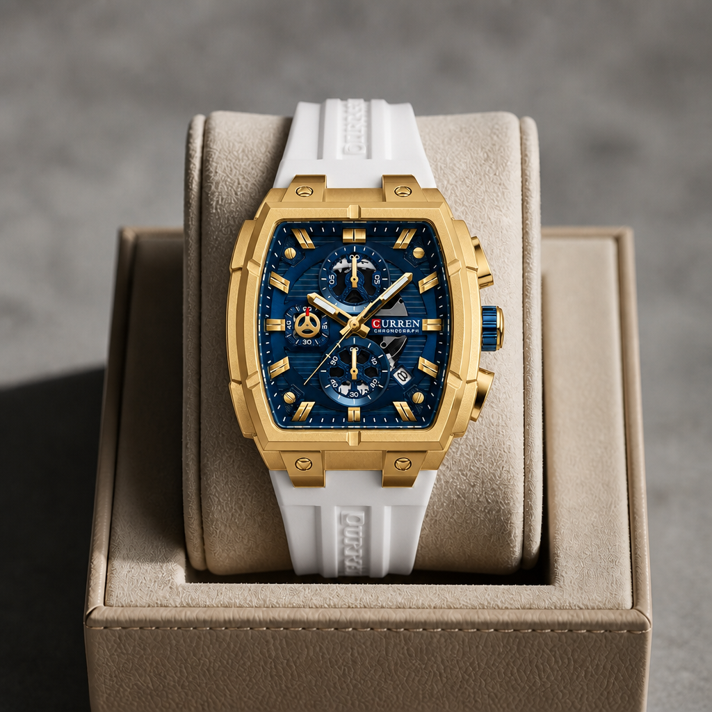 Montre tonneau dorée à bracelet blanc posée dans un écrin en cuir beige