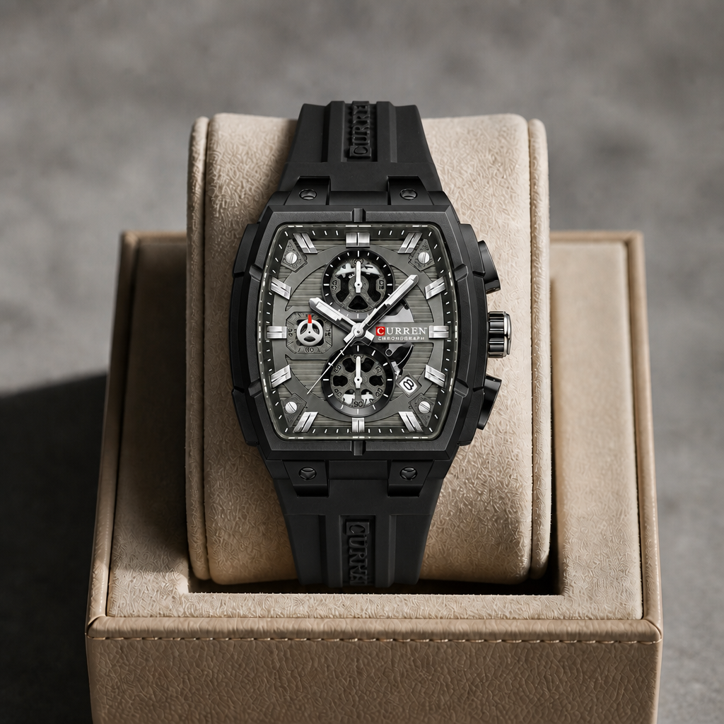 Montre tonneau noire posée dans un écrin en cuir beige