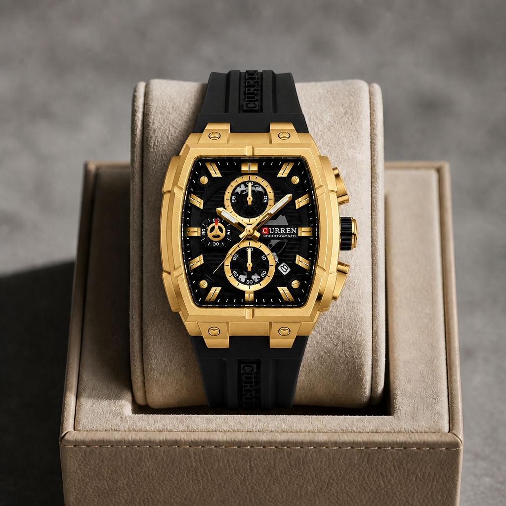 Montre tonneau dorée à bracelet noir posée dans un écrin en cuir beige