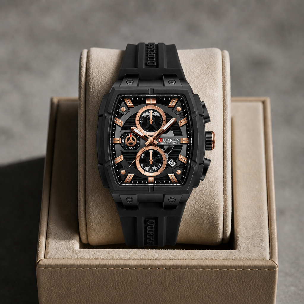 Montre tonneau noire et or rose posée dans un écrin en cuir beige