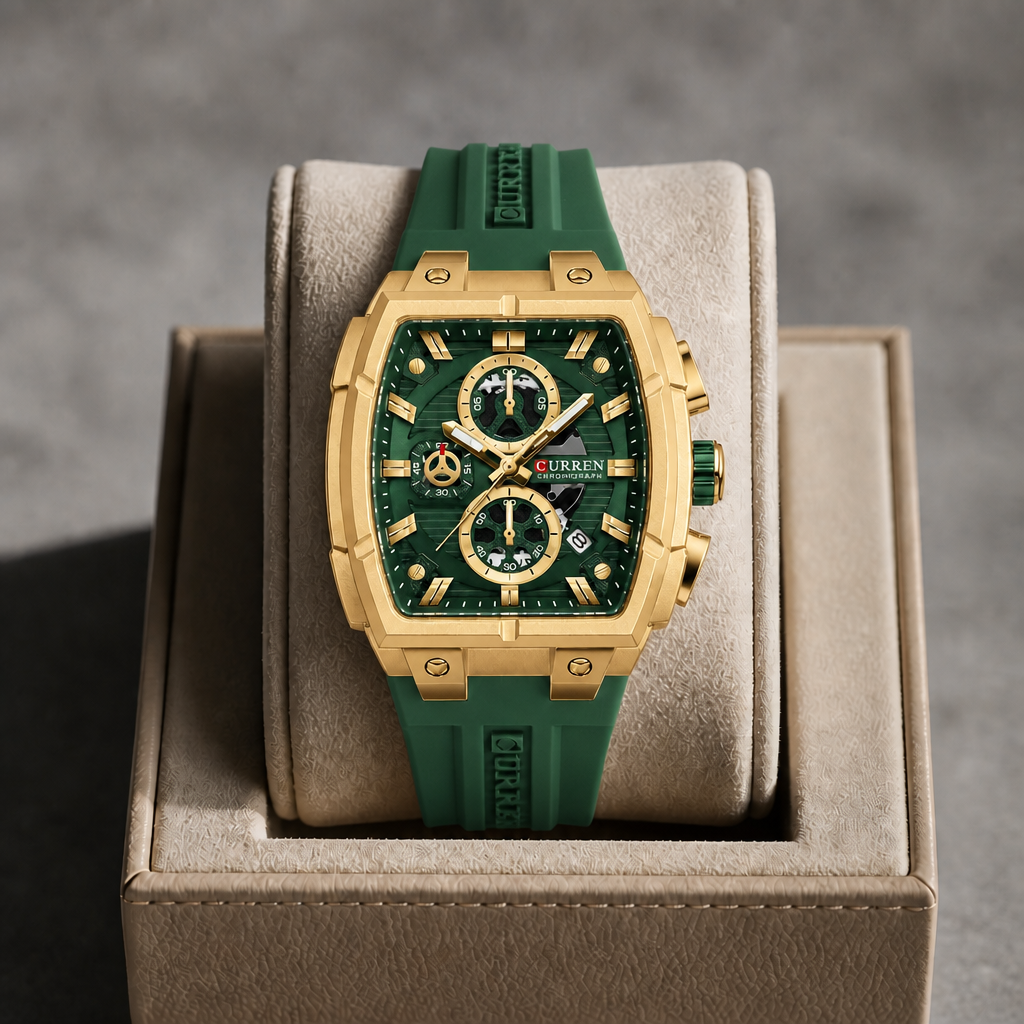Montre tonneau dorée à bracelet vert posée dans un écrin en cuir beige