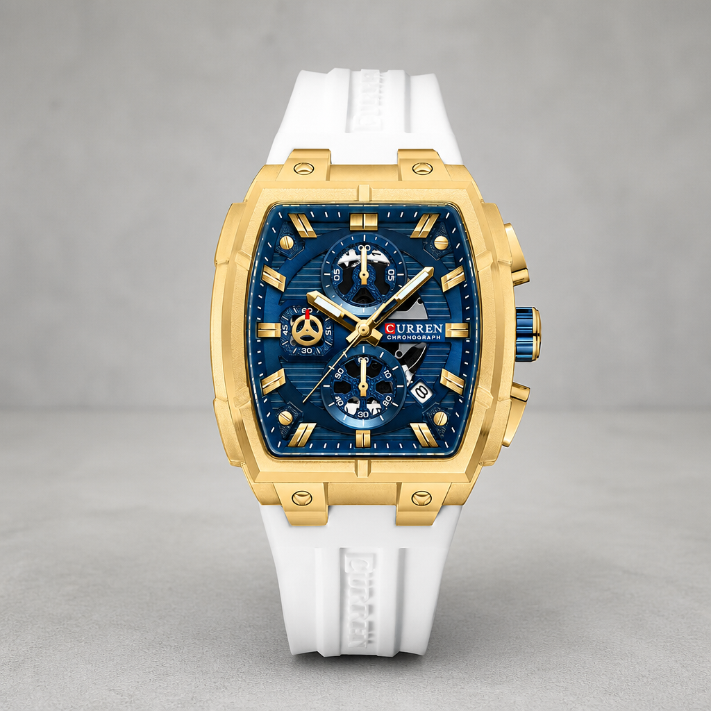 Montre tonneau homme à chronographe, boîtier doré, cadran bleu et bracelet silicone blanc