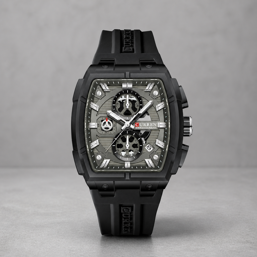 Montre tonneau homme à chronographe entièrement noire, cadran ajouré