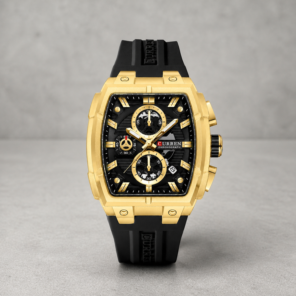 Montre tonneau homme à chronographe, boîtier doré et bracelet silicone noir