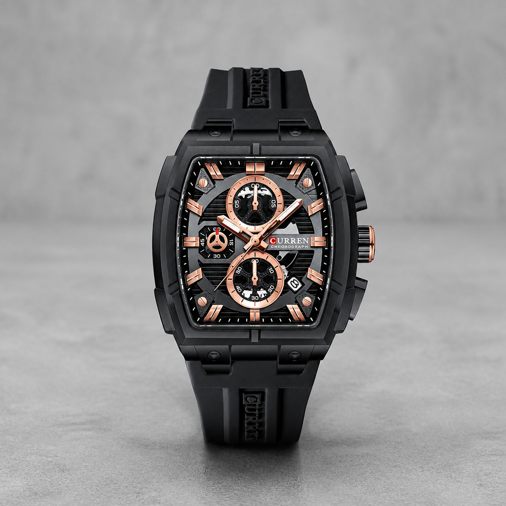 Montre tonneau homme à chronographe, boîtier noir et or rose, bracelet silicone noir