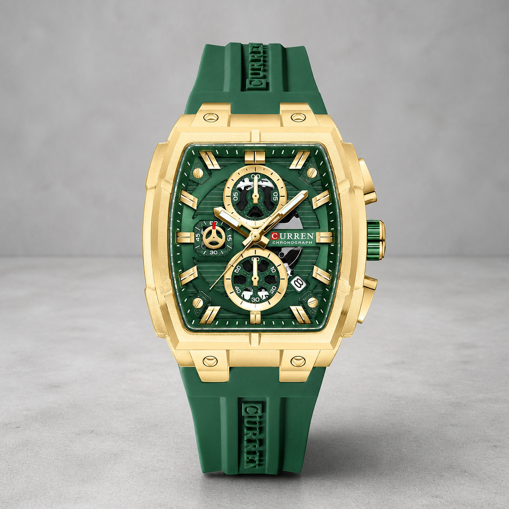 Montre tonneau homme à chronographe, boîtier doré et bracelet silicone vert