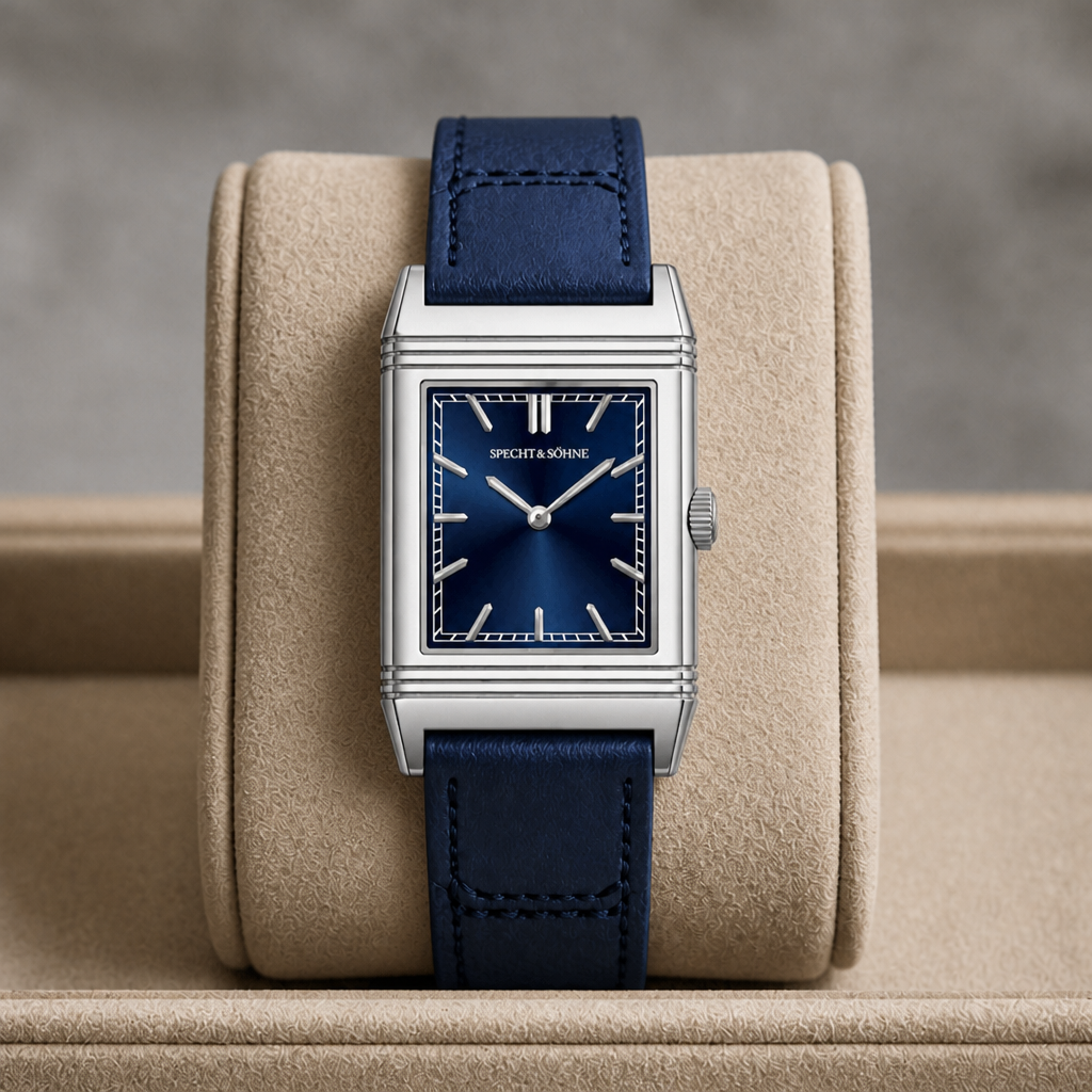 Montre vintage rectangulaire homme bleue présentée dans son écrin en cuir beige