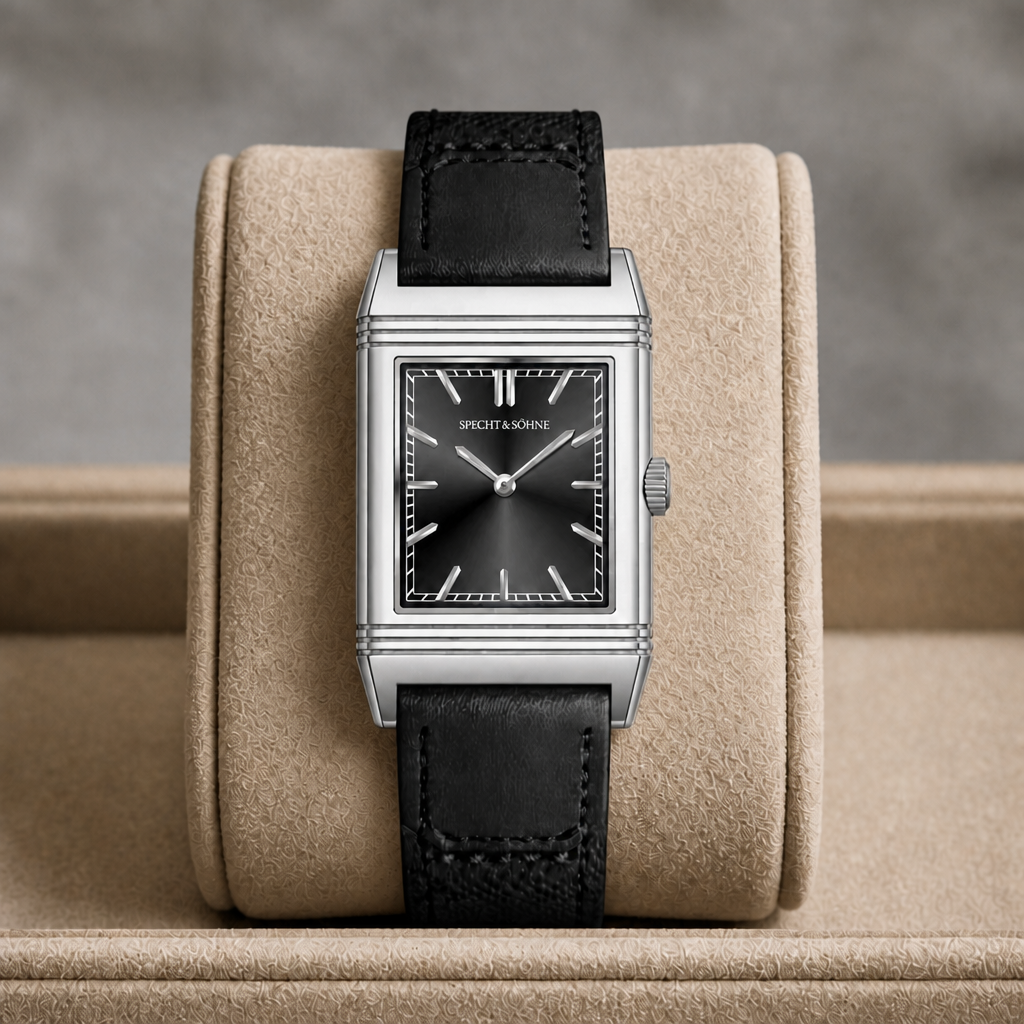 Montre vintage rectangulaire homme noire présentée dans son écrin en cuir beige