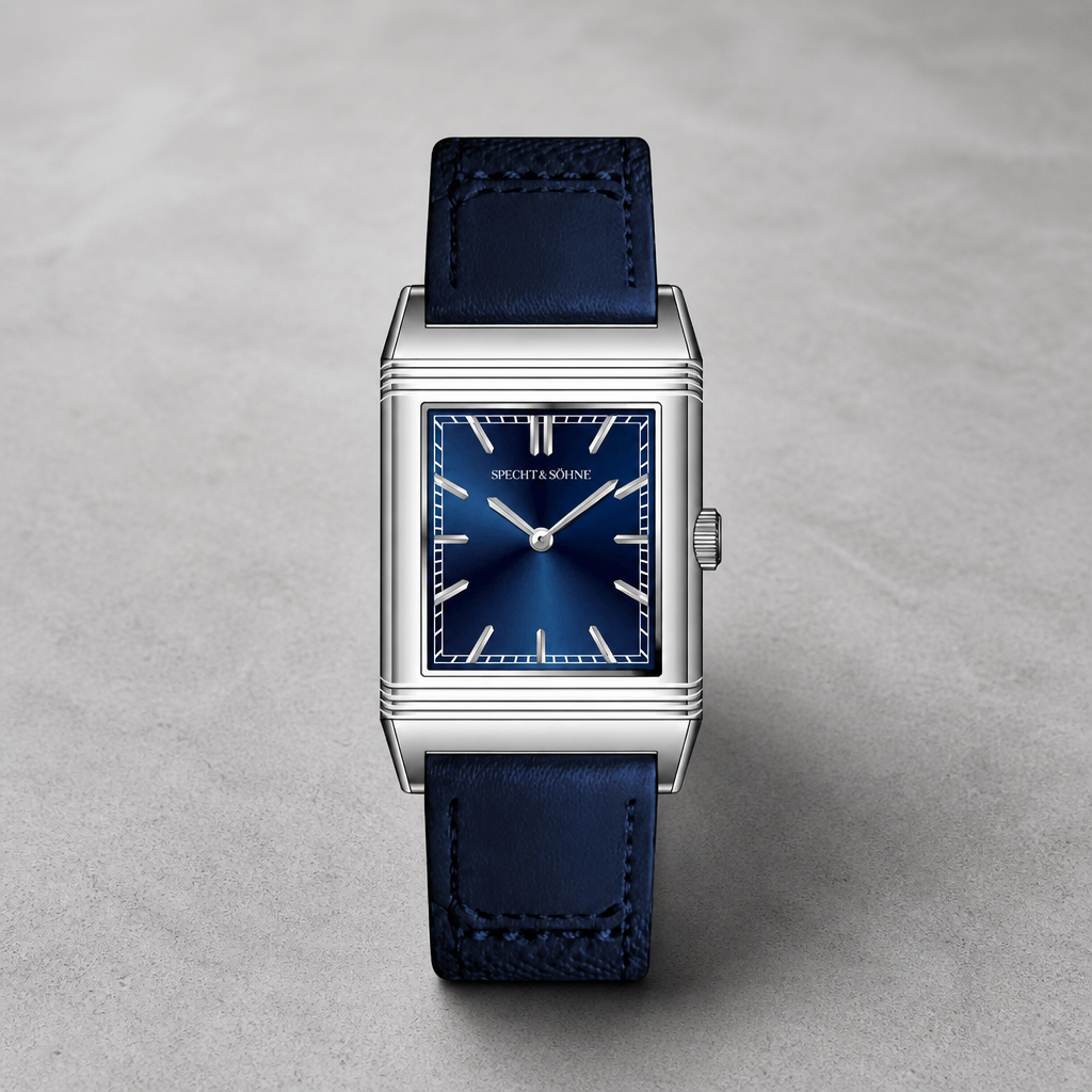 Montre vintage rectangulaire homme, boîtier acier réversible et cadran bleu
