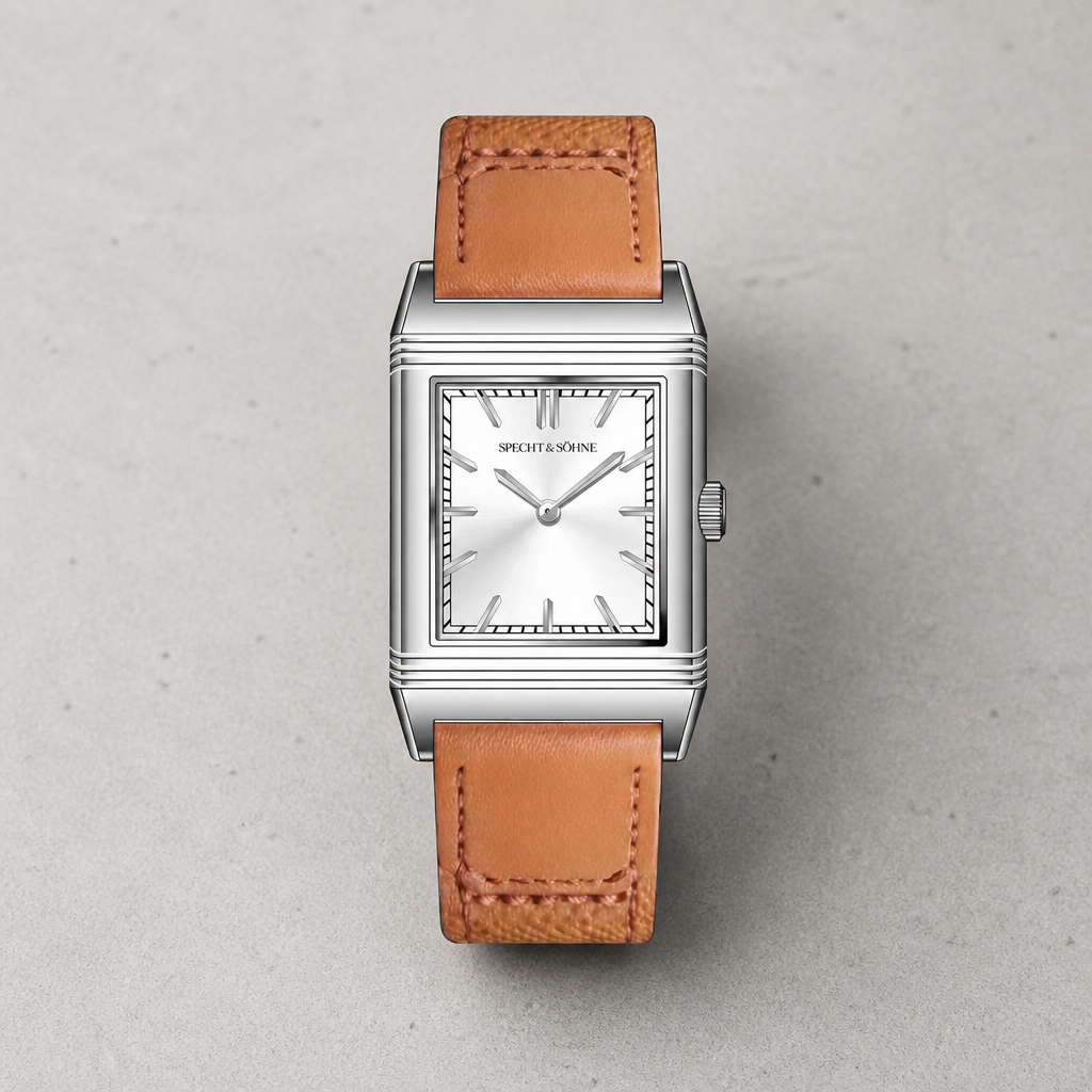 Montre vintage rectangulaire homme, boîtier acier réversible et cadran argenté