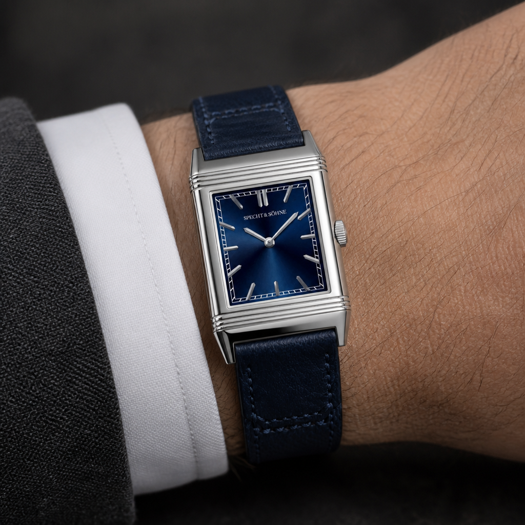 Montre vintage rectangulaire homme au poignet, cadran bleu soleillé et bracelet cuir marine