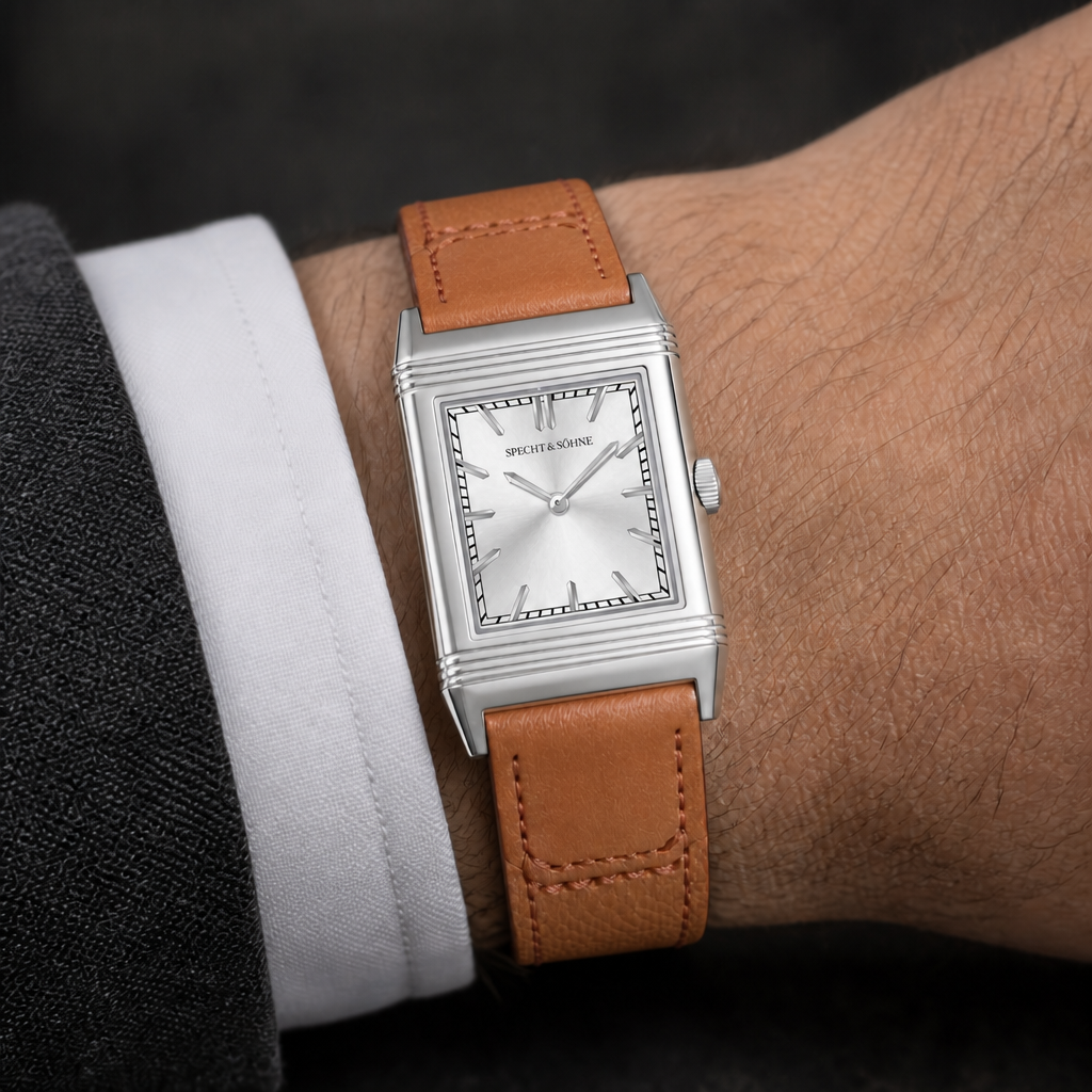 Montre vintage rectangulaire homme au poignet, cadran argenté et bracelet cuir camel