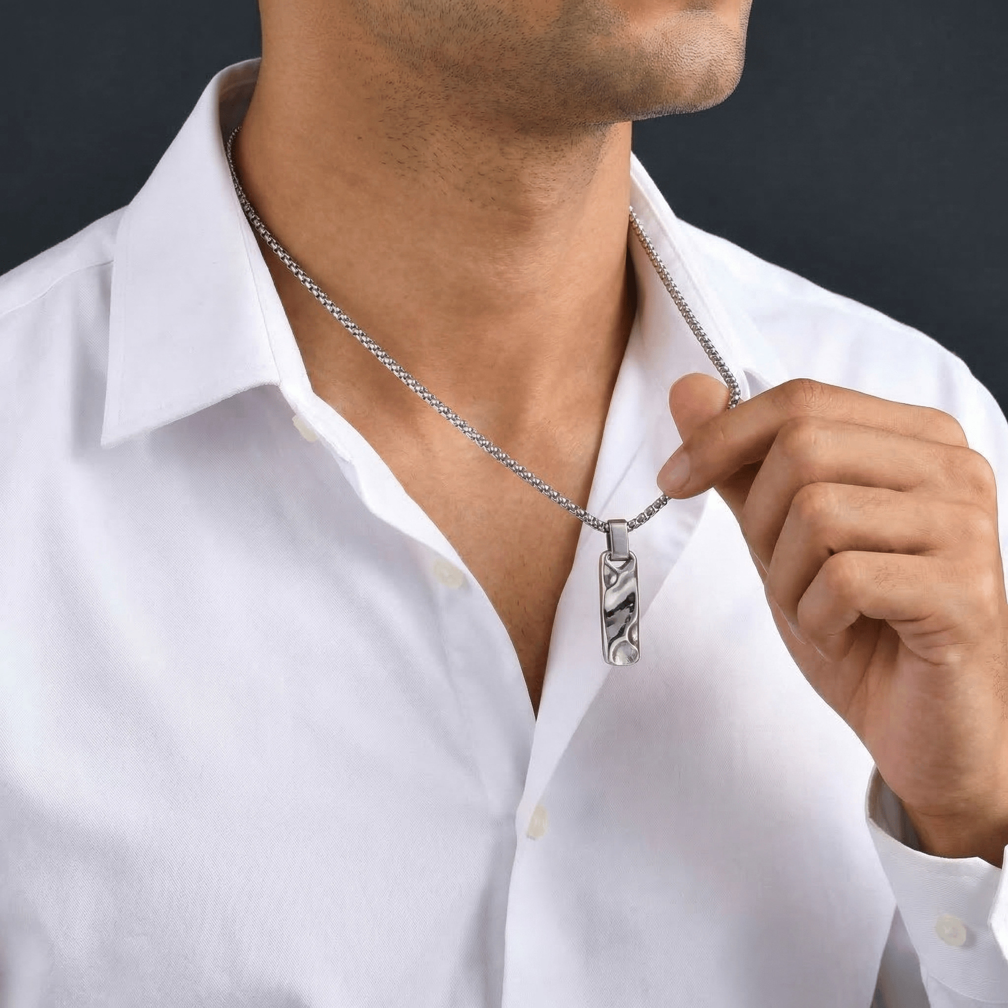 collier homme pendentif barre argent acier 