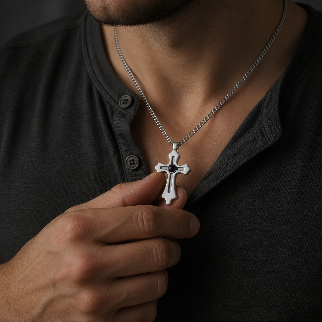 Pendentif croix photo homme tenu entre les doigts, photo cachée dans la perle