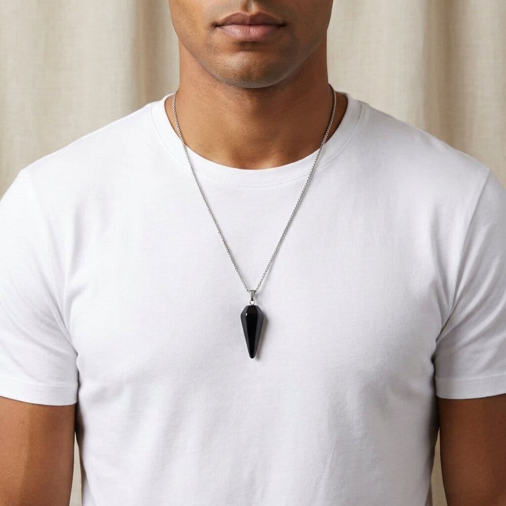 collier pendentif homme pierre noire obsidienne