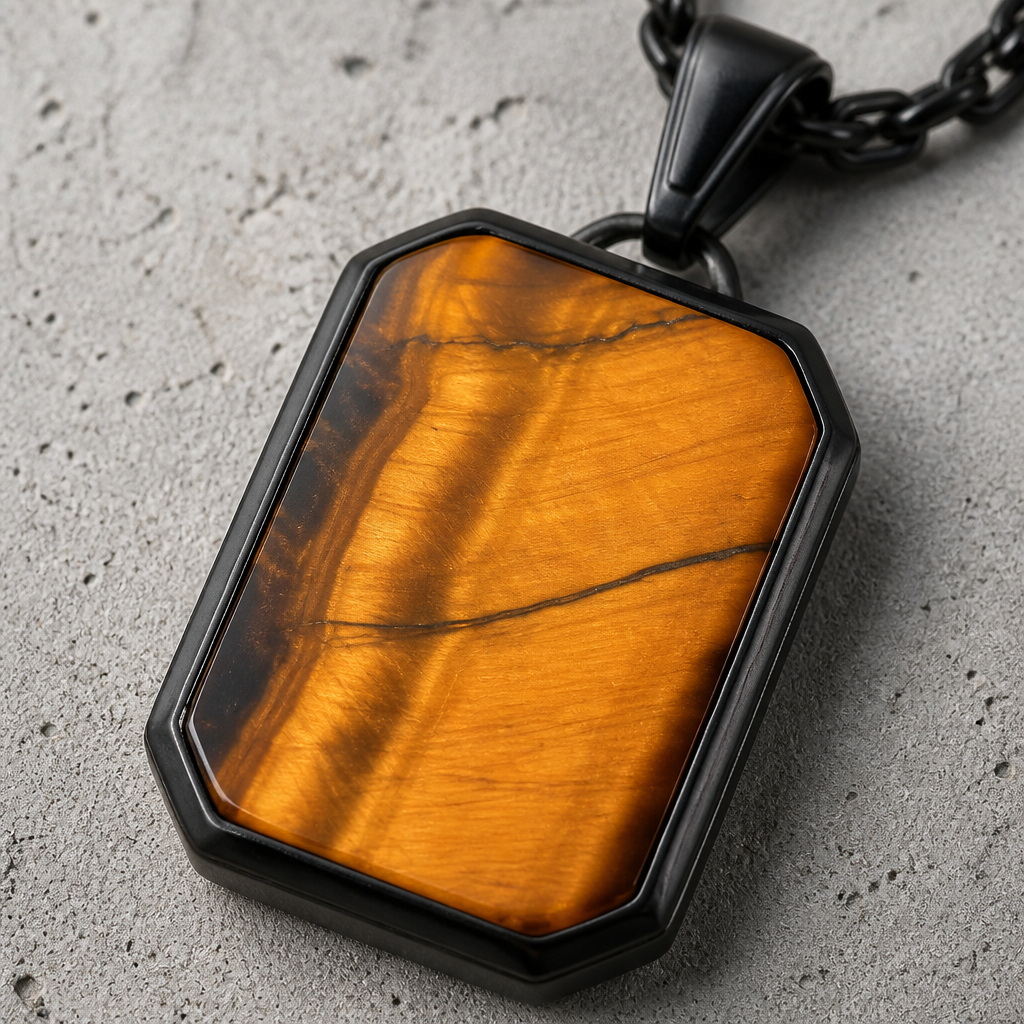Des Finitions Exemplaires - Collier Homme Pendentif Œil de Tigre Chaîne Noire