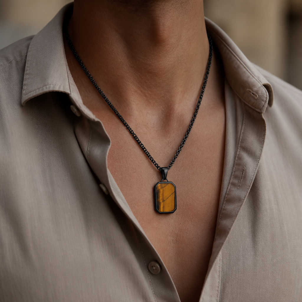 pendentif œil de tigre homme pierre naturelle porté