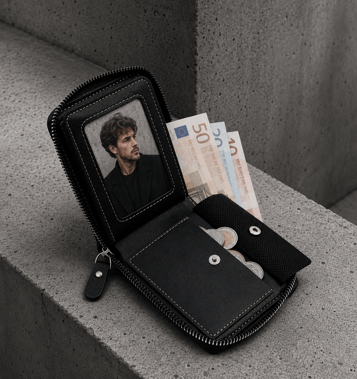 petit portefeuille homme zippé noir fenêtre photo portrait monnaie