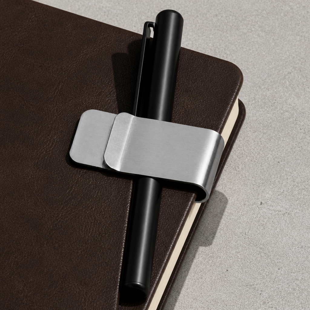 Pince argent utilisée comme pince à stylo sur la couverture d'un carnet (stylo et carnet non fournis)