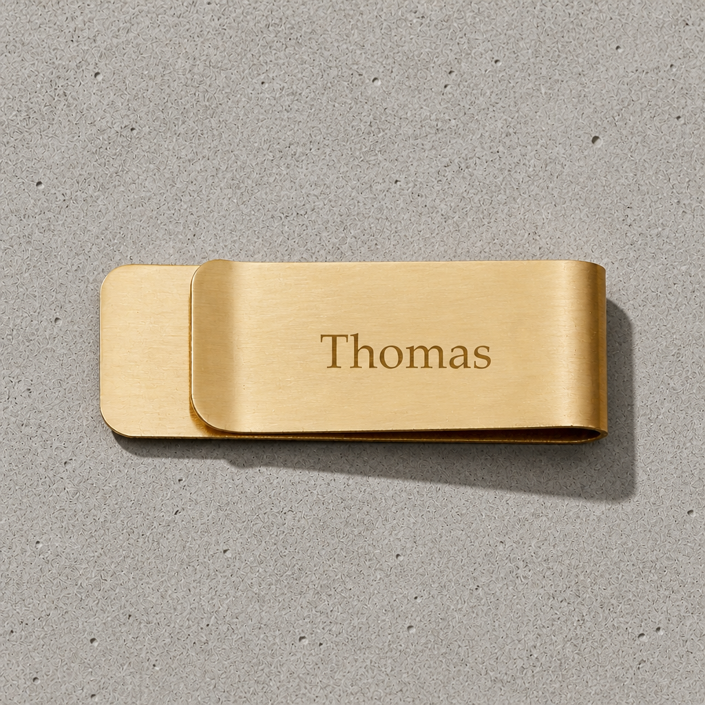 Exemple de personnalisation : prénom Thomas gravé au laser sur la pince à billets dorée