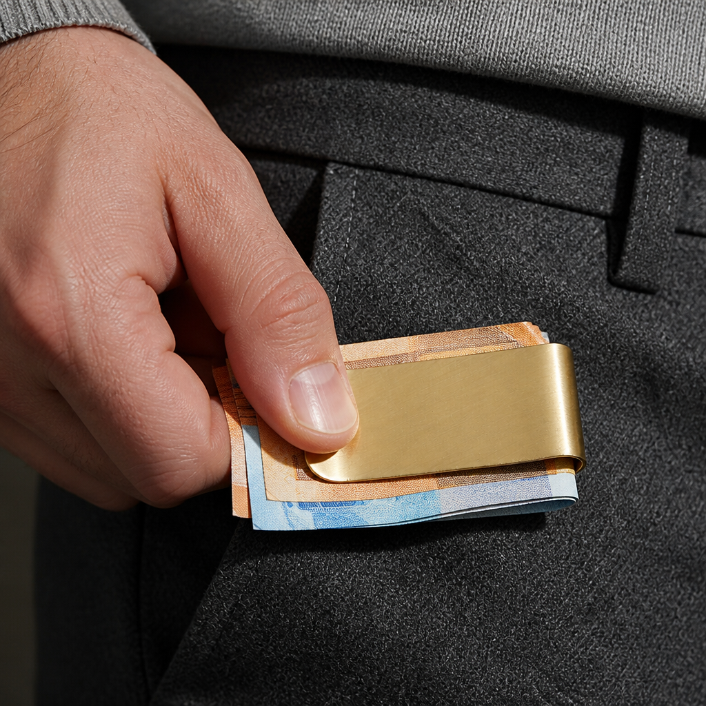 Homme glissant dans sa poche de pantalon des billets tenus par la pince à billets dorée (billets non fournis)