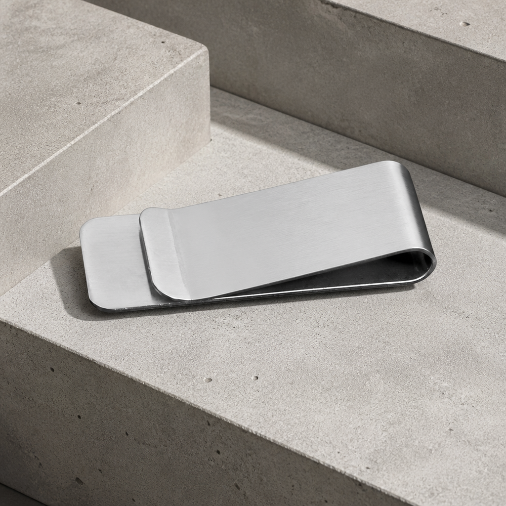 Pince à billets homme argent en acier inoxydable brossé, posée sur un bloc de béton