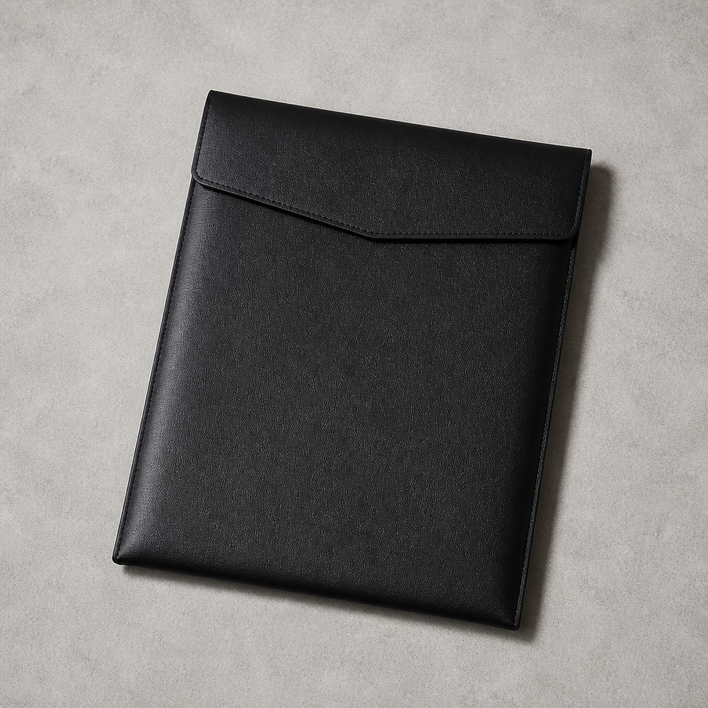 Pochette porte-document A4 en simili cuir noir, rabat enveloppe fermé