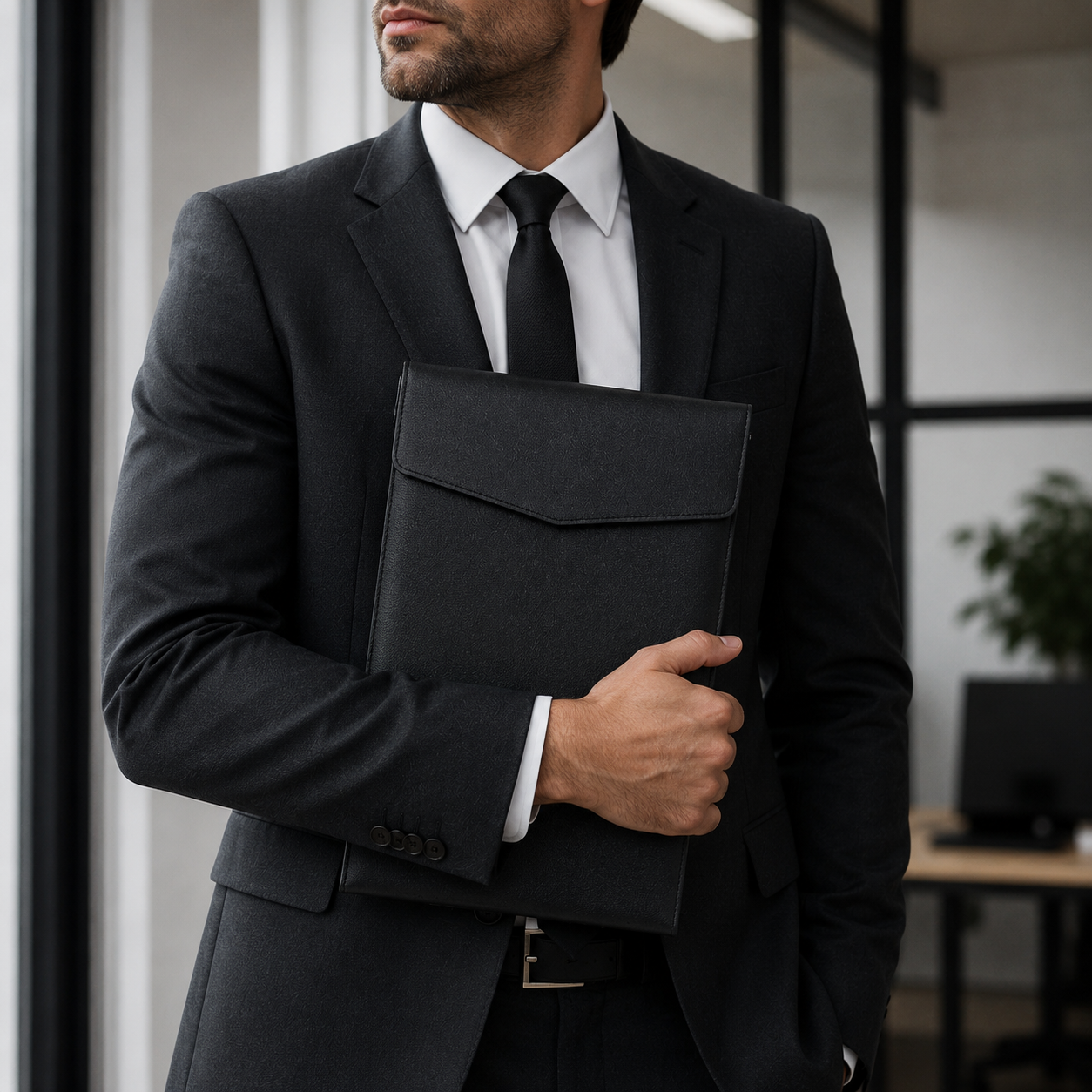 Homme en costume tenant sous le bras une pochette porte-document A4 en simili cuir noir, rabat fermé