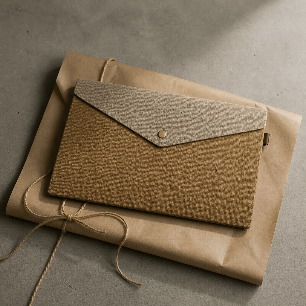 Pochette porte-document en feutre présentée en idée cadeau sur papier kraft
