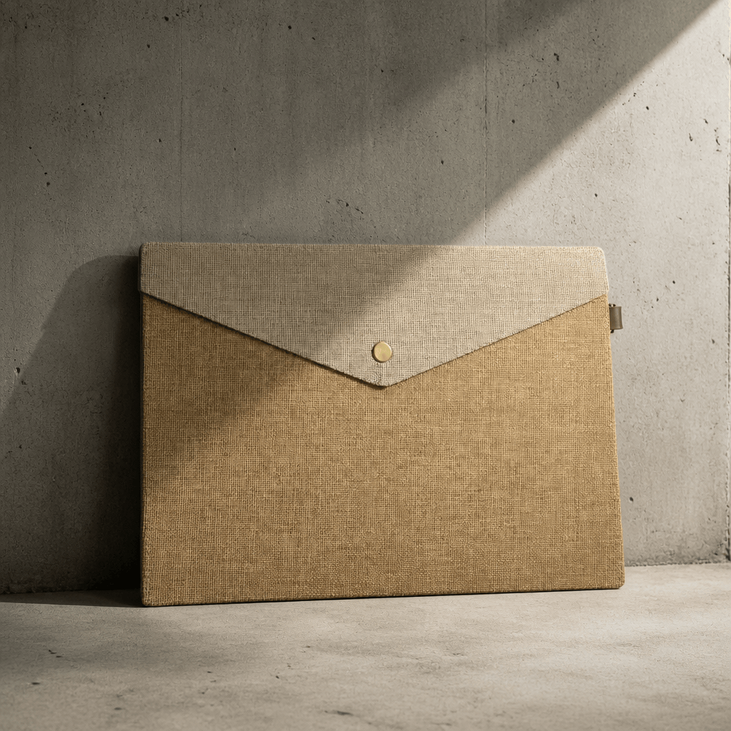 Pochette porte-document en feutre café, format A4, fermée, posée sur béton