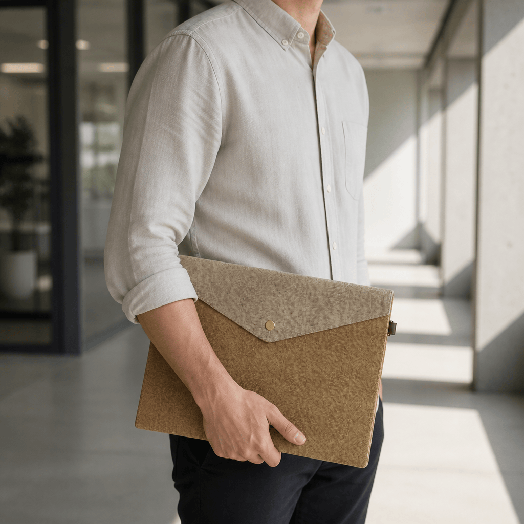Homme portant la pochette porte-document en feutre au bureau